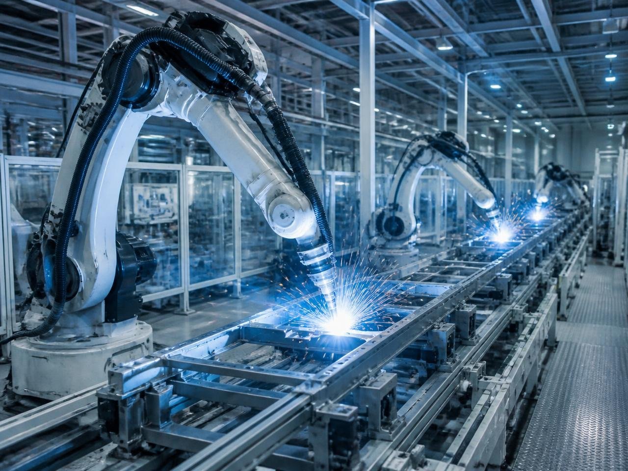 Robotic welding arms on an automated production line