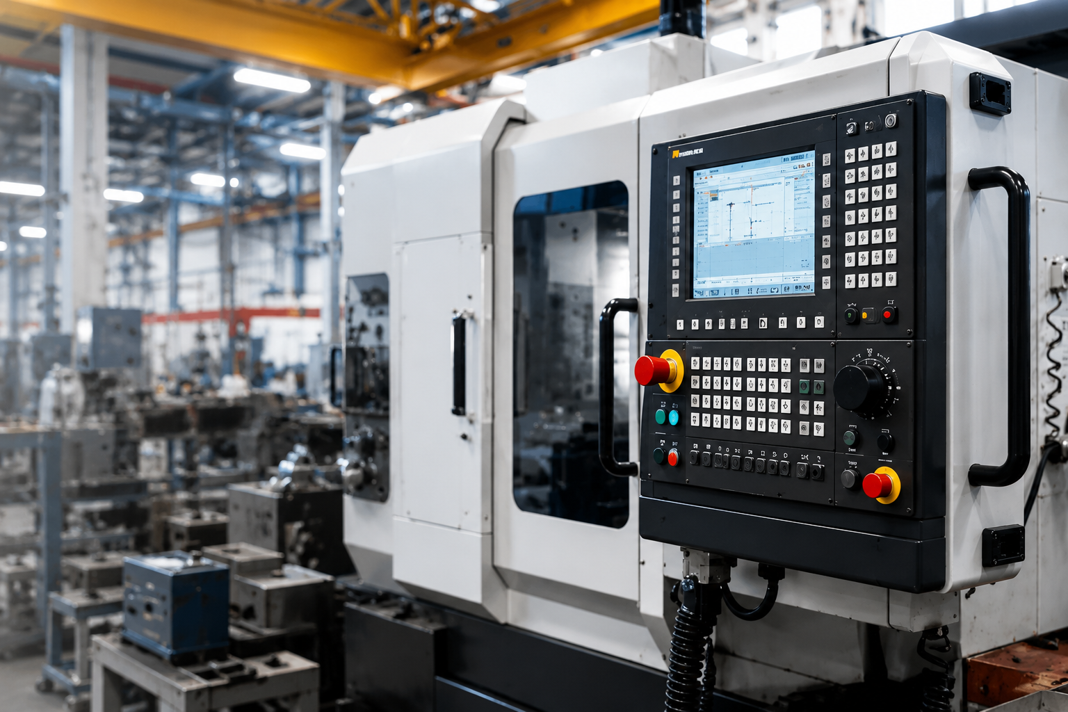 Modern CNC machine control panel on a production line